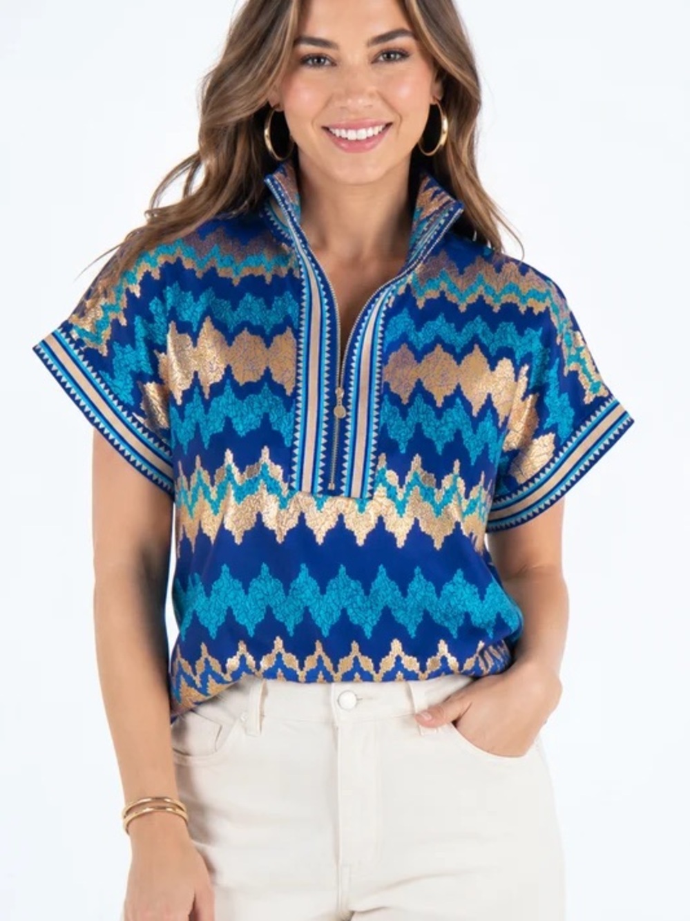 Emily McCarthy Zigzag Metallic Short-Sleeve Top - Blues & Gold